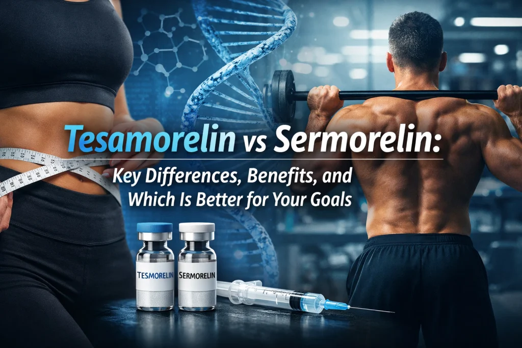 Horizontal banner showing tesamorelin and sermorelin peptide vials with syringe, body fat measurement on abdomen, muscular man lifting weights, and overlay text comparing tesamorelin vs sermorelin benefits and differences.