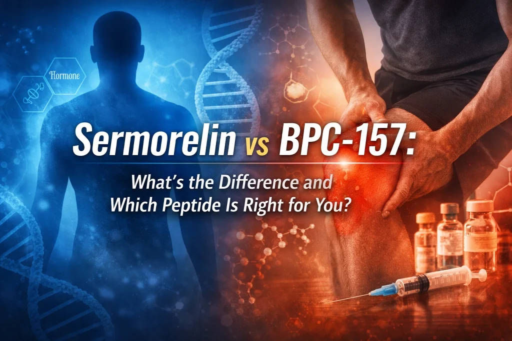 Comparison image of sermorelin vs BPC-157 peptides showing hormone support versus tissue healing, with text reading “Sermorelin vs BPC-157: What’s the Difference and Which Peptide Is Right for You?”