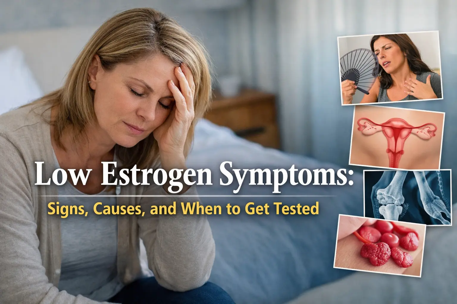 Low estrogen symptoms concept image showing a woman experiencing fatigue and hormonal imbalance with overlaid text reading “Low Estrogen Symptoms: Signs, Causes, and When to Get Tested.”