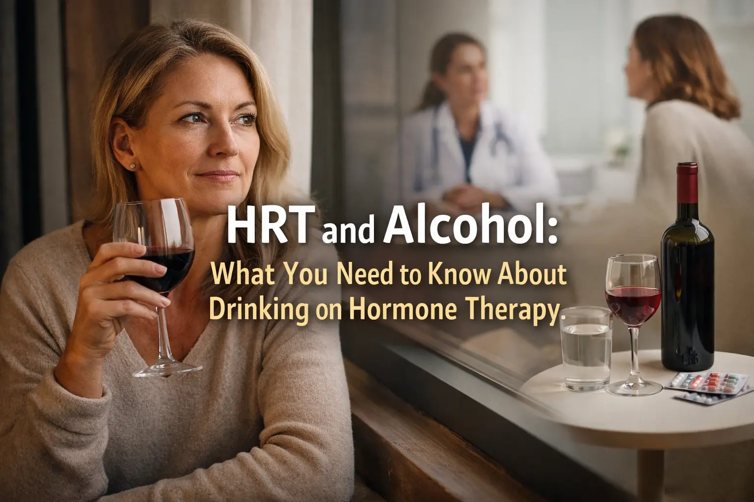 Horizontal featured image showing a woman holding a glass of wine with soft lighting, overlaid text reading “HRT and Alcohol: What You Need to Know About Drinking on Hormone Therapy.”