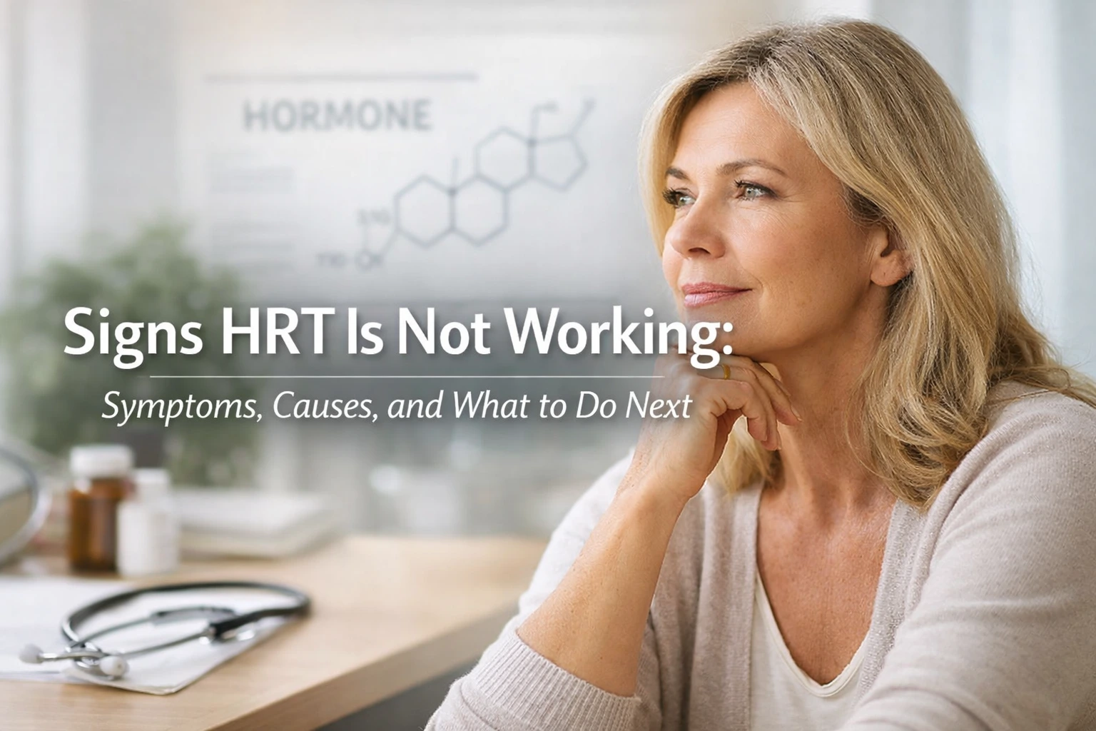Woman in a medical wellness setting with overlay text reading “Signs HRT Is Not Working: Symptoms, Causes, and What to Do Next”