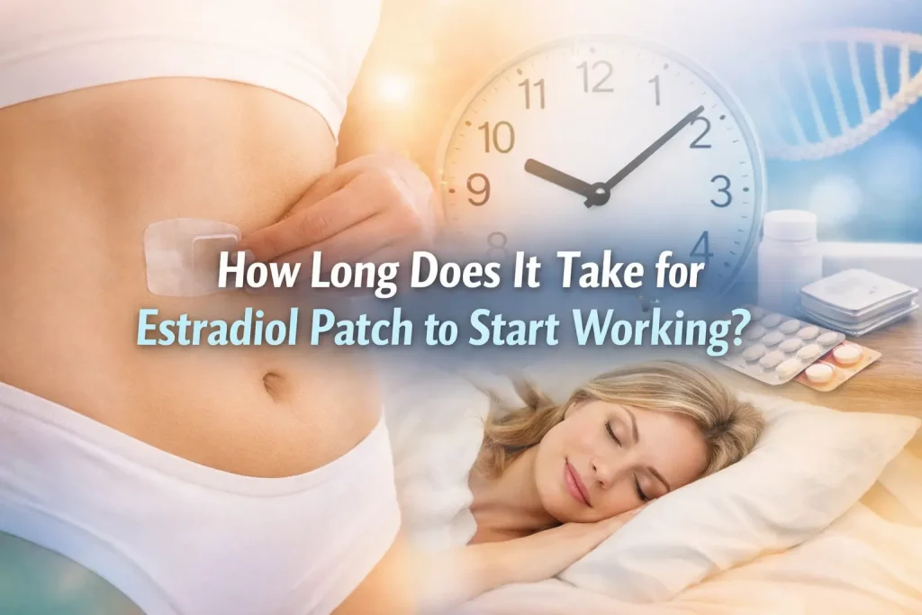 Woman applying an estradiol patch to her lower abdomen with soft medical-themed background and overlaid text reading “How Long Does It Take for Estradiol Patch to Start Working?”
