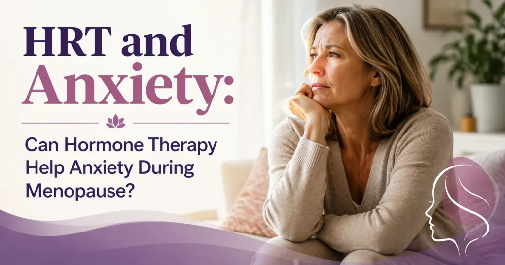 A thoughtful middle-aged woman sits indoors looking out a window beside text that reads “HRT and Anxiety: Can Hormone Therapy Help Anxiety During Menopause?” in a calming wellness-themed design.
