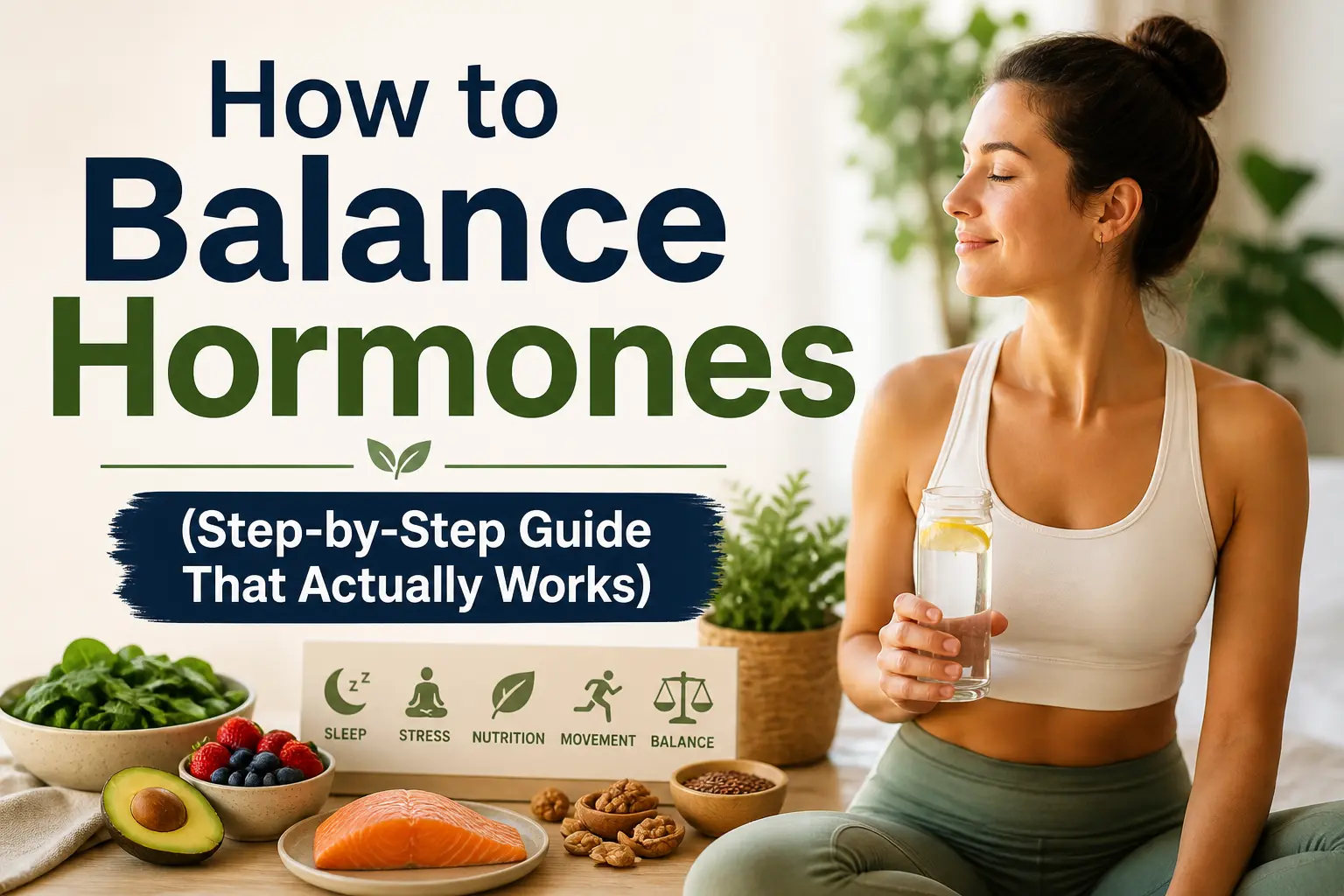 Horizontal image of a woman holding lemon water beside healthy foods and greenery, with overlaid text reading “How to Balance Hormones (Step-by-Step Guide That Actually Works)”.