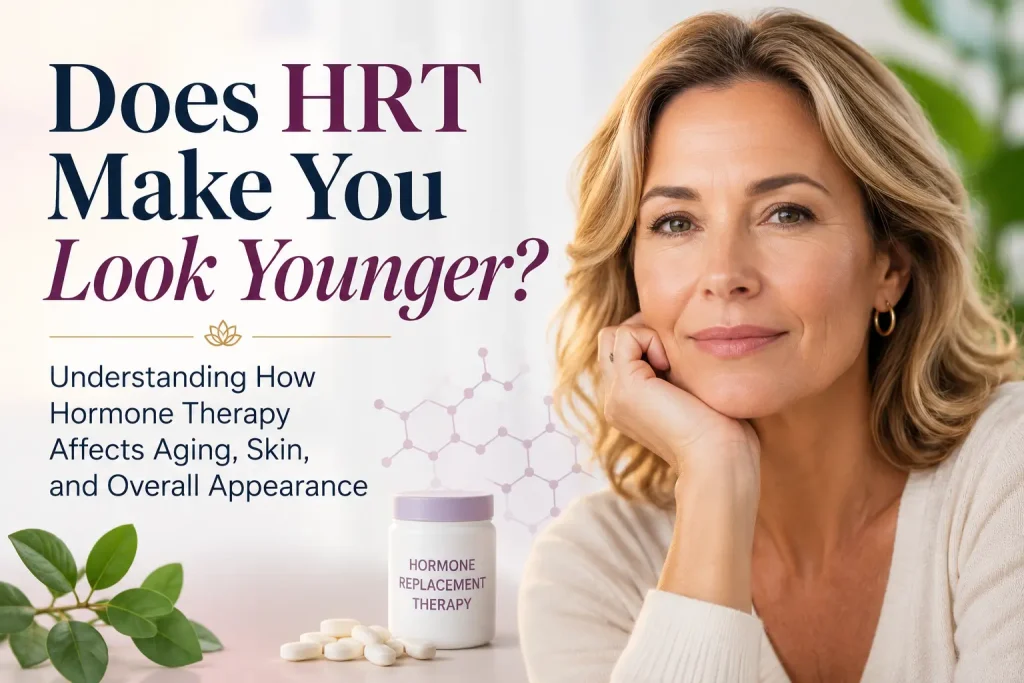 Image showing a healthy middle-aged woman with clear skin and a youthful appearance. The image includes hormone therapy imagery, wellness elements, and the overlaid text: “Does HRT Make You Look Younger? Understanding How Hormone Therapy Affects Aging, Skin, and Overall Appearance.”
