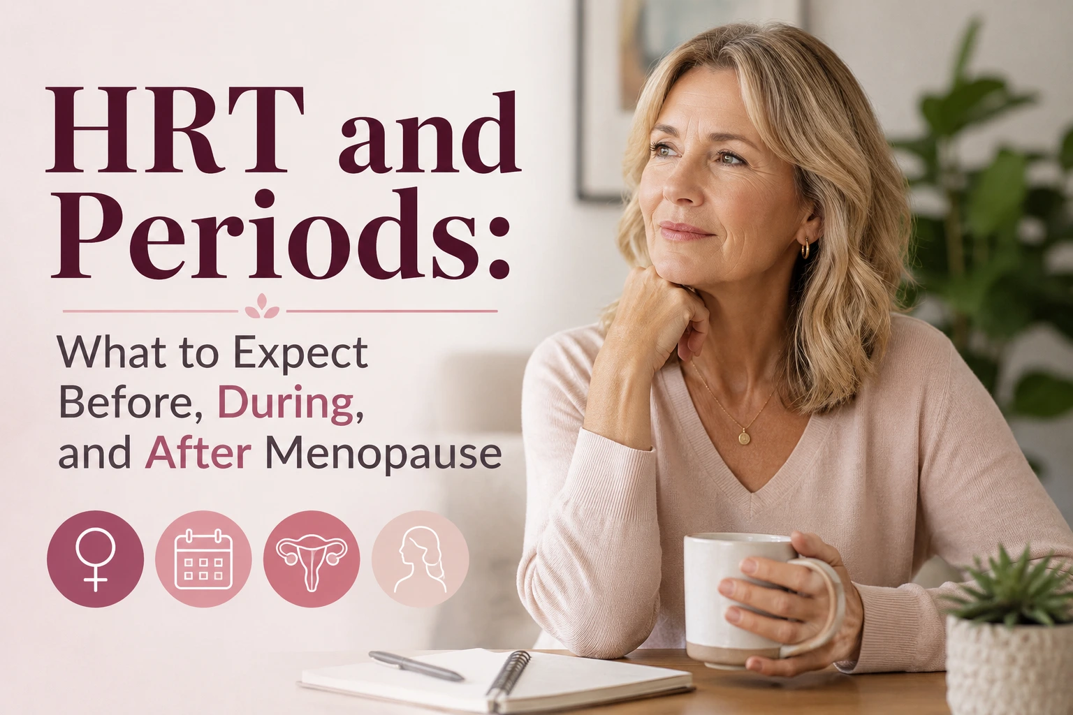 Middle-aged woman sitting at a table holding a coffee mug with overlaid text reading "HRT and Periods: What to Expect Before, During, and After Menopause" alongside menopause and women's health icons.