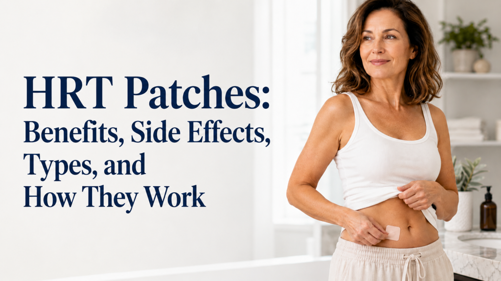 Midlife woman applying an HRT patch to her lower abdomen beside text reading, “HRT Patches: Benefits, Side Effects, Types, and How They Work.”
