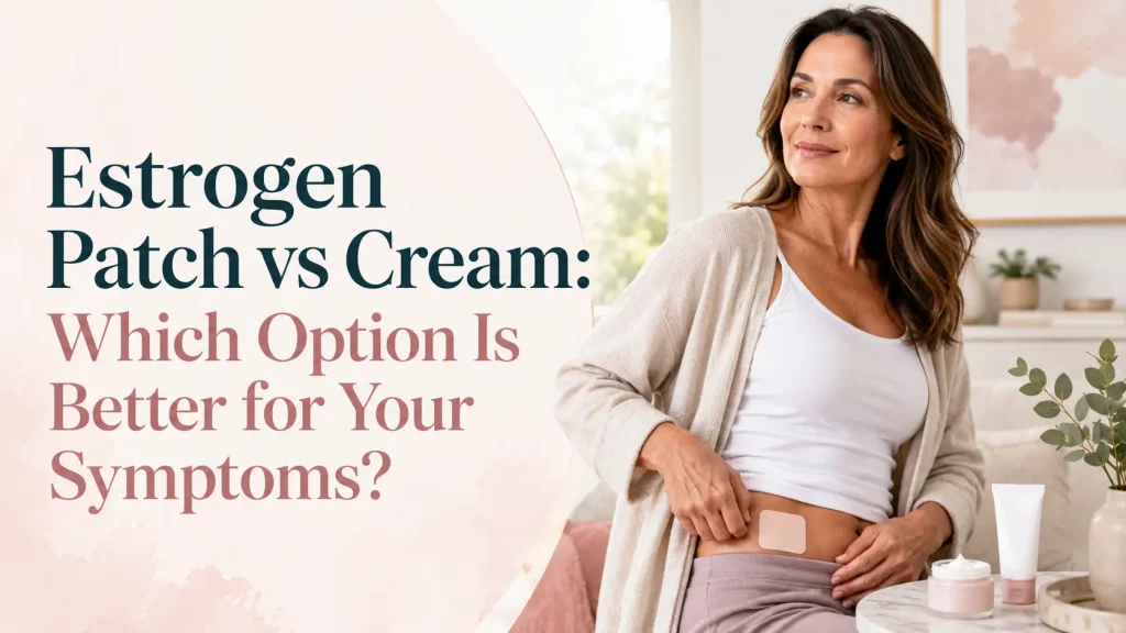 Middle-aged woman wearing an estrogen patch on her lower abdomen beside a cream jar and tube, with text comparing estrogen patches and creams for symptoms.