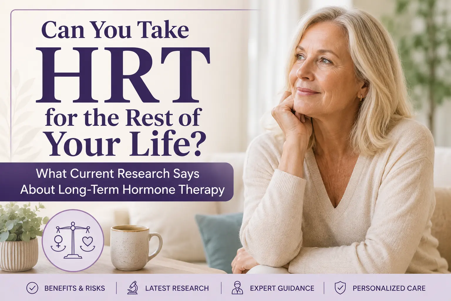 Horizontal featured image showing a thoughtful older woman sitting indoors beside a coffee mug with overlaid text reading, "Can You Take HRT for the Rest of Your Life? What Current Research Says About Long-Term Hormone Therapy." The design includes healthcare-themed icons representing benefits and risks, research, expert guidance, and personalized care.
