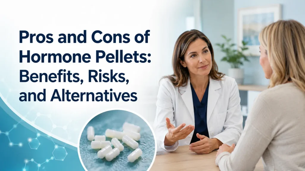 Female clinician discusses hormone pellet therapy with a blonde patient in a bright clinic beside the title “Pros and Cons of Hormone Pellets: Benefits, Risks, and Alternatives,” with a circular close-up of small white hormone pellets.