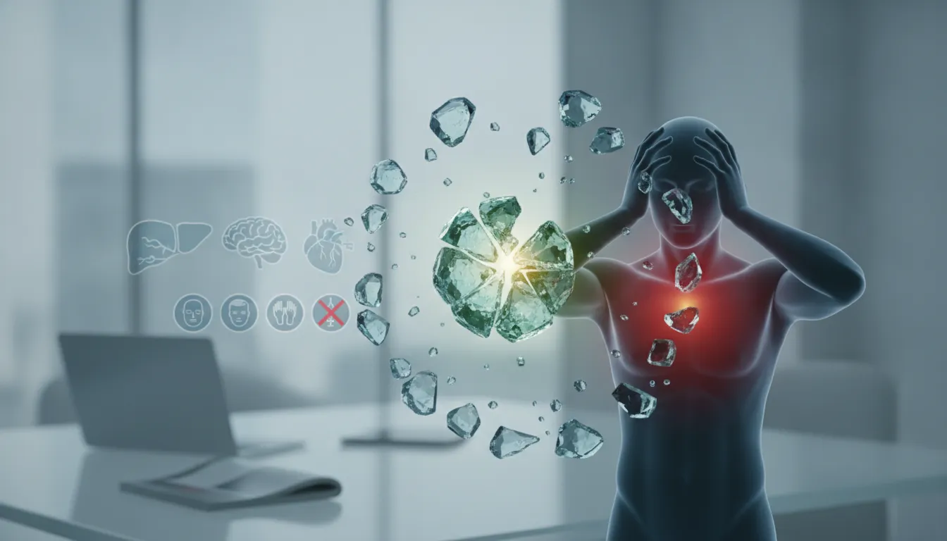Digital illustration of a person holding their head in pain from HGH side effects.