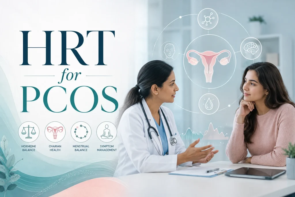 Doctor consulting with a woman about PCOS, with reproductive health graphics and icons for hormone balance, ovarian health, menstrual balance, and symptom management, alongside text reading “HRT for PCOS.”