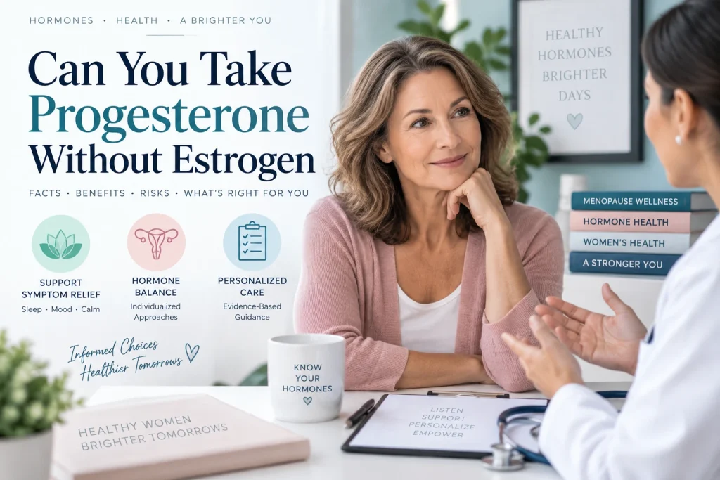 Middle-aged woman discussing hormone health with a doctor, alongside icons for symptom relief, hormone balance, and personalized care, with text reading “Can You Take Progesterone Without Estrogen?”