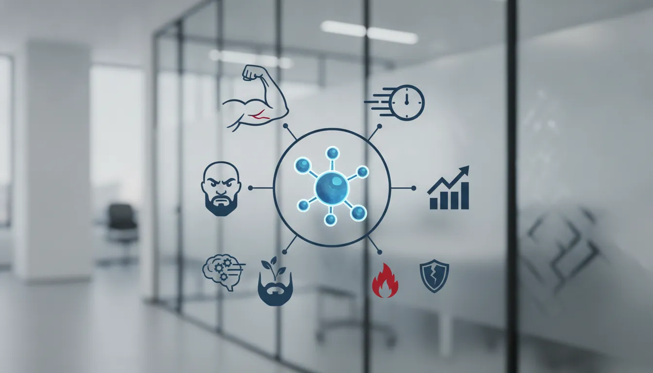 Signs of high testosterone with icons for muscle, mood, energy, growth, and hormone levels on glass.