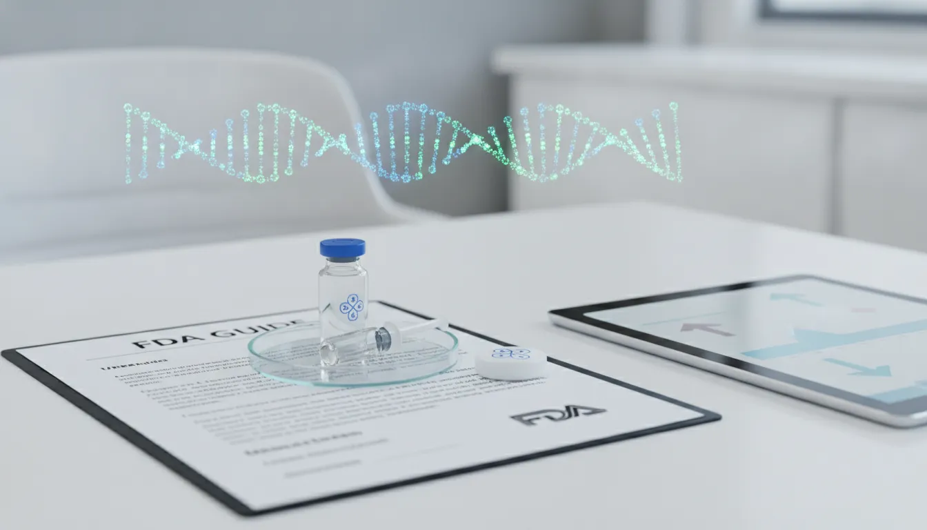 Vial and syringe beside an FDA guide and DNA strand for weight loss peptide safety and side effects.