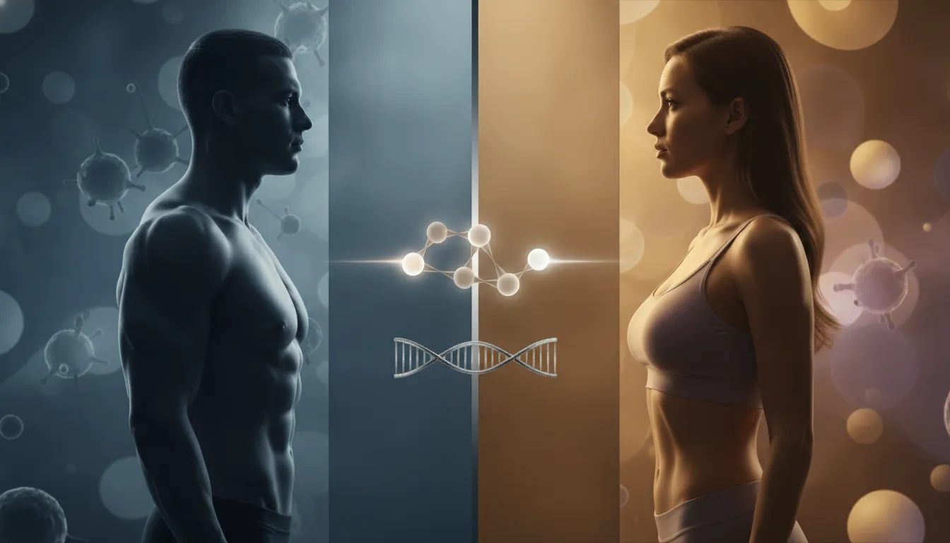 Male and female profiles with DNA and hormone symbols showing what testosterone does.