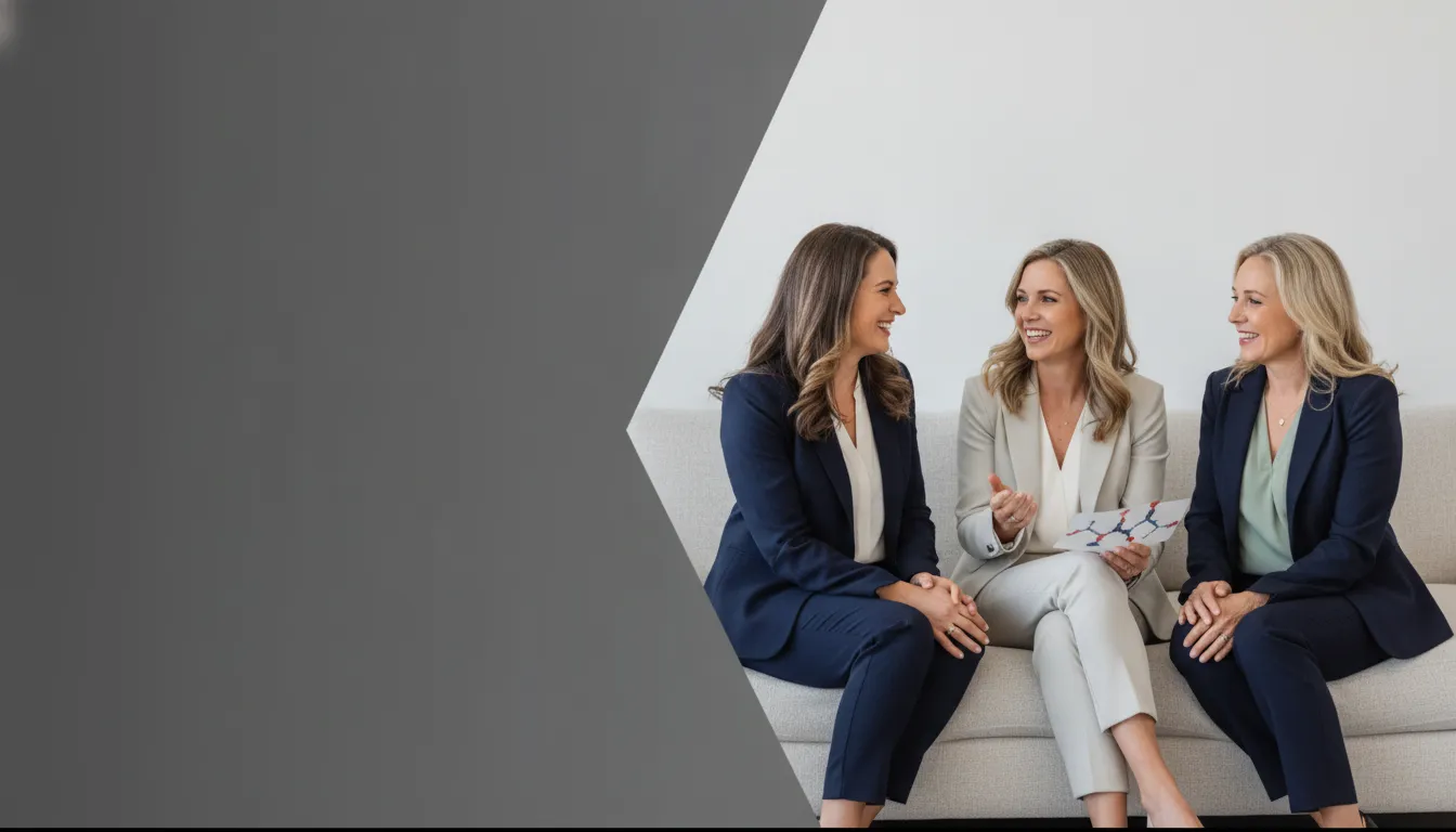 Three women discuss female hormone replacement therapy while seated together on a sofa.