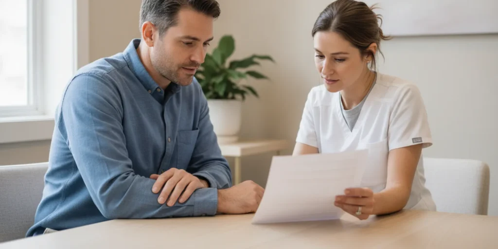 A clinician reviewing thyroid test results with an adult patient in a calm consultation room