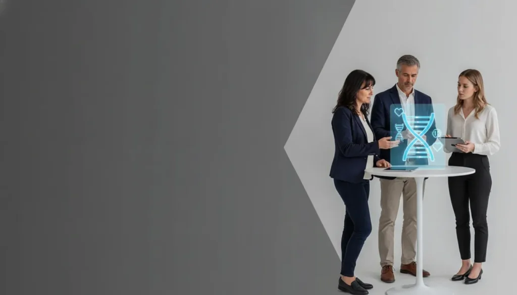 Professionals discuss longevity medicine beside a digital DNA graphic.