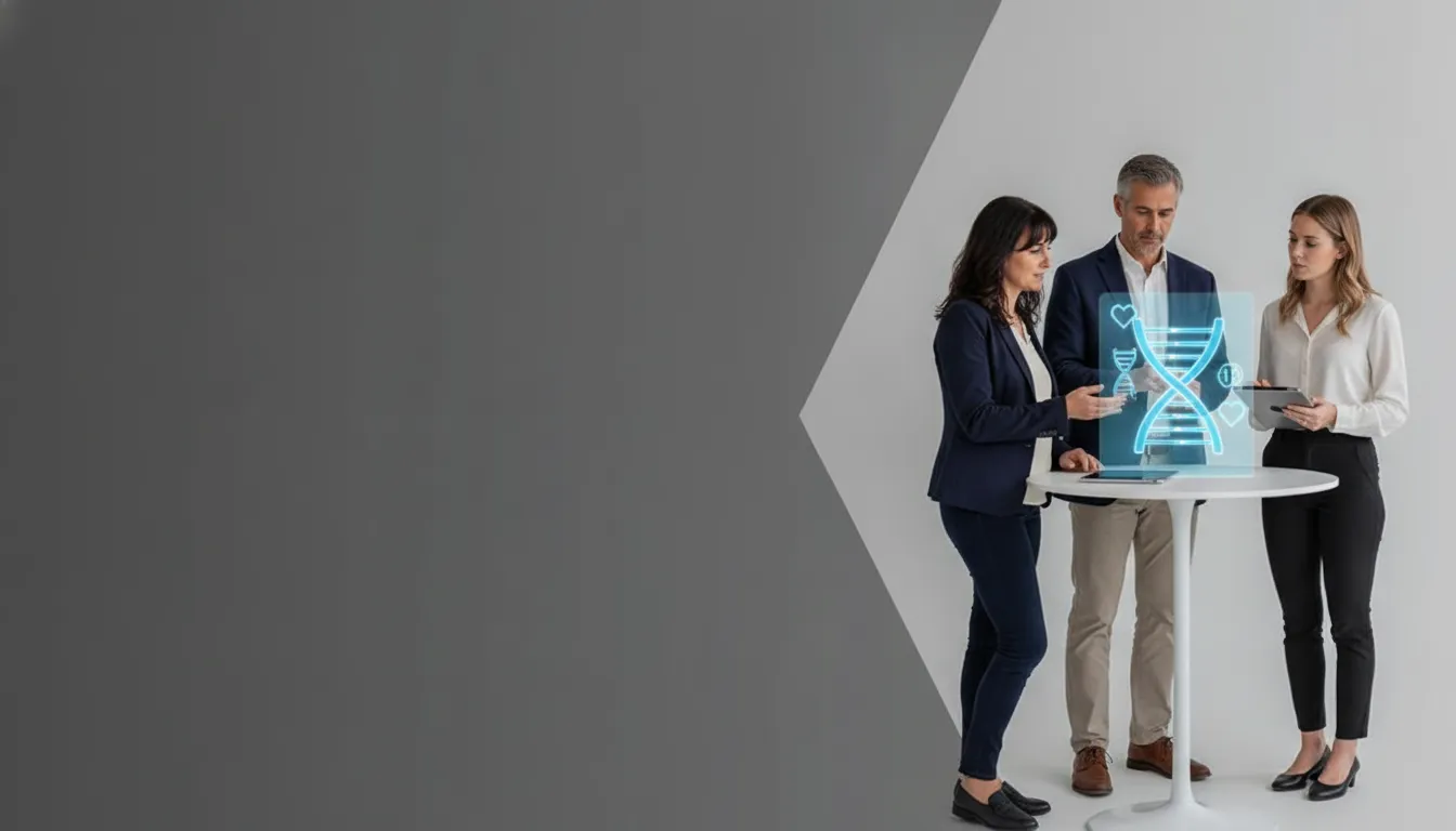 Professionals discuss longevity medicine beside a digital DNA graphic.
