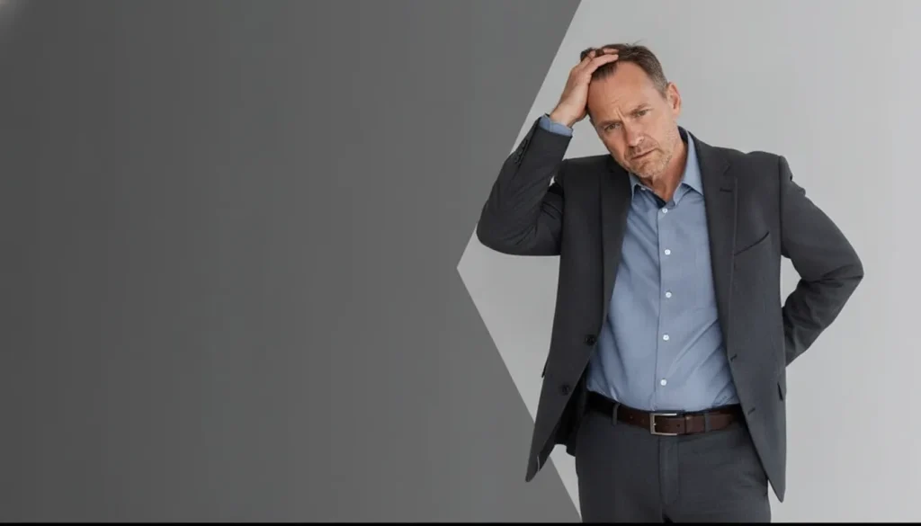 Concerned middle-aged man in a suit holding his head, associated with low testosterone symptoms.