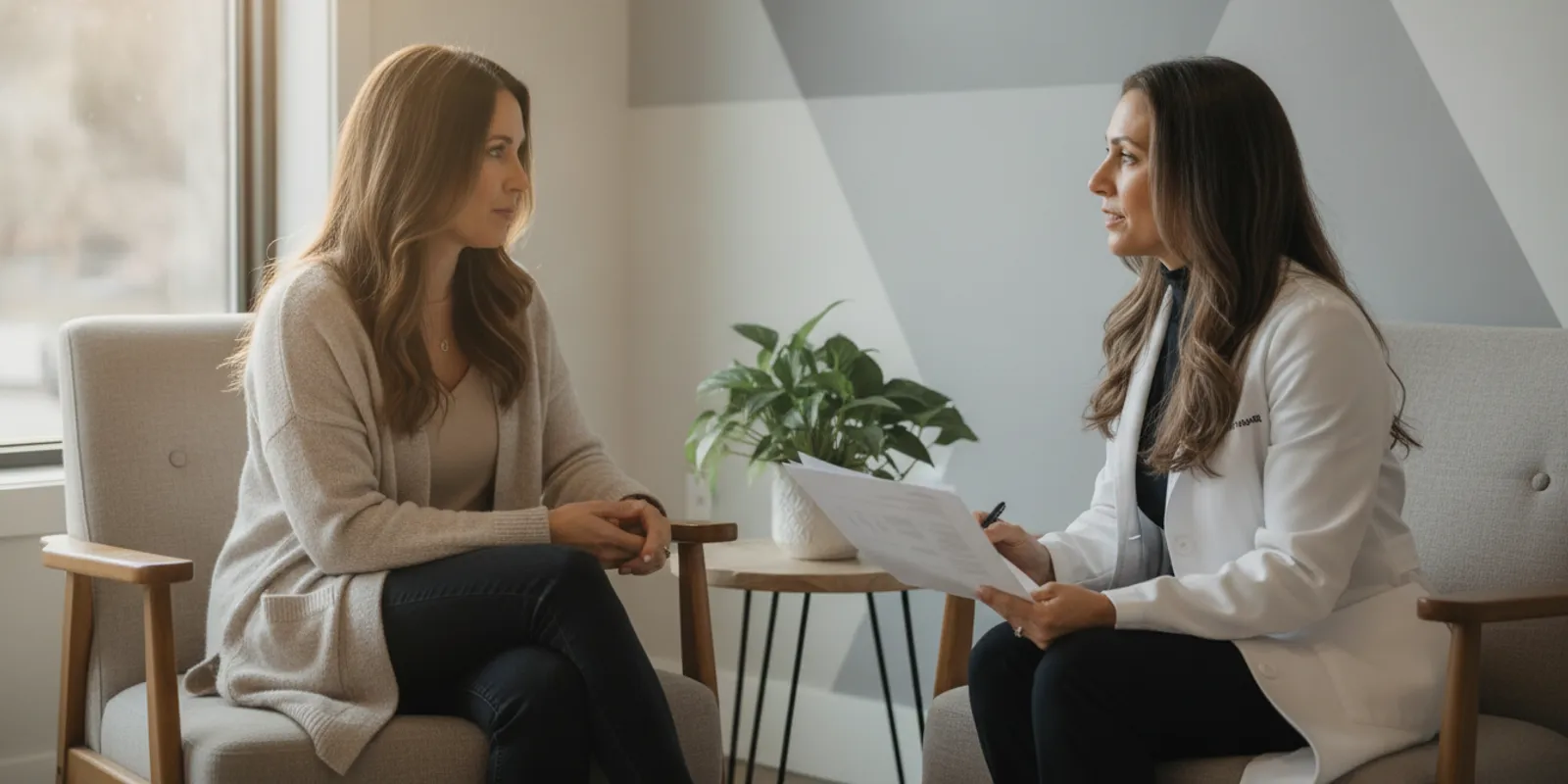 A woman discussing menstrual and wellness concerns with a healthcare practitioner in a calm clinical office
