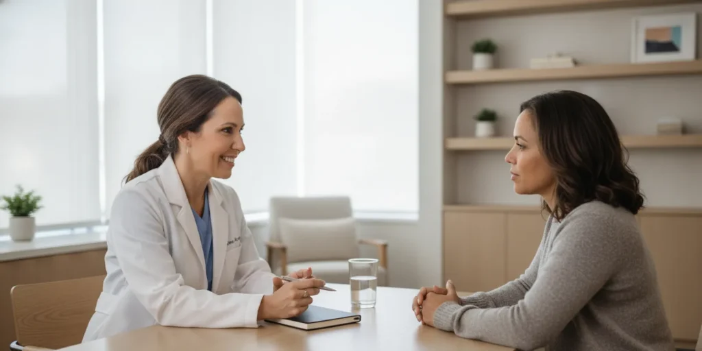 A person discussing digestive symptoms with a healthcare professional in a calm consultation room