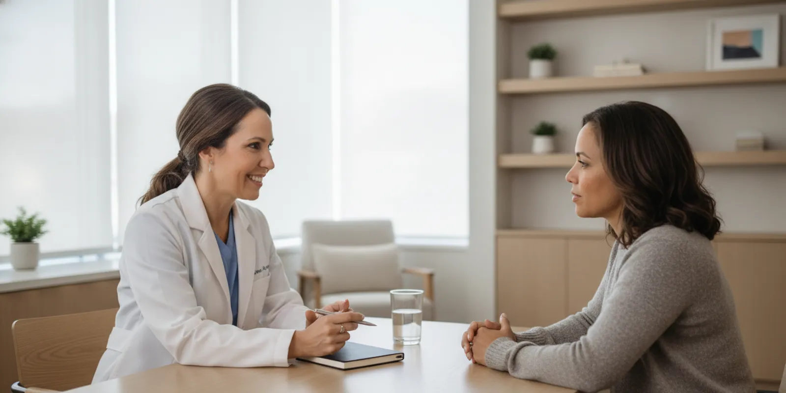 A person discussing digestive symptoms with a healthcare professional in a calm consultation room