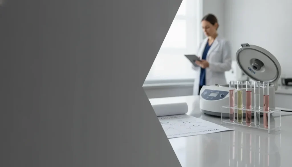 Healthcare professional reviewing wellness blood work beside test tubes and a centrifuge.