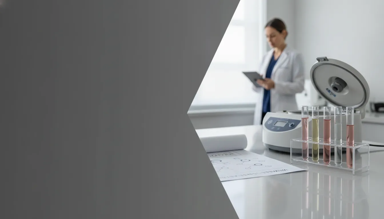 Healthcare professional reviewing wellness blood work beside test tubes and a centrifuge.